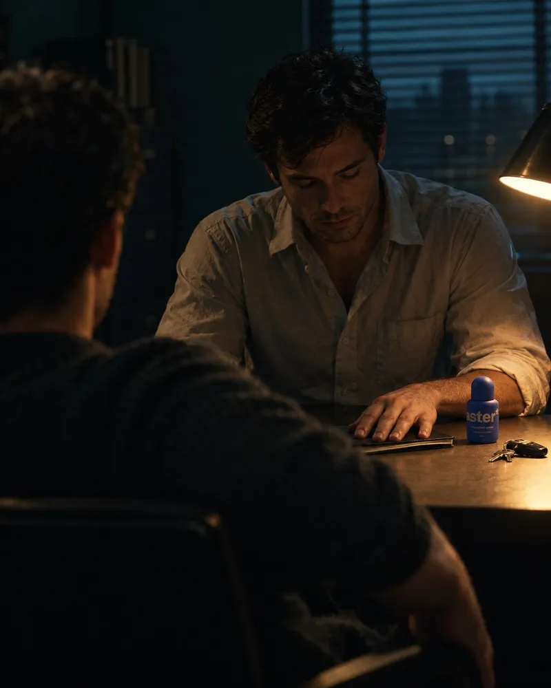 Example artwork for AI Short Drama: A tense night scene: two people across a dark table, the bottle between them