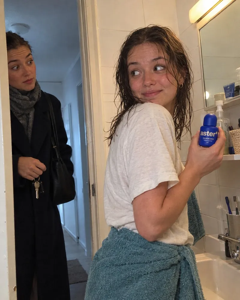 Example artwork for AI Skit: A flatmate in the bathroom doorway catching the other with the bottle, mid-joke