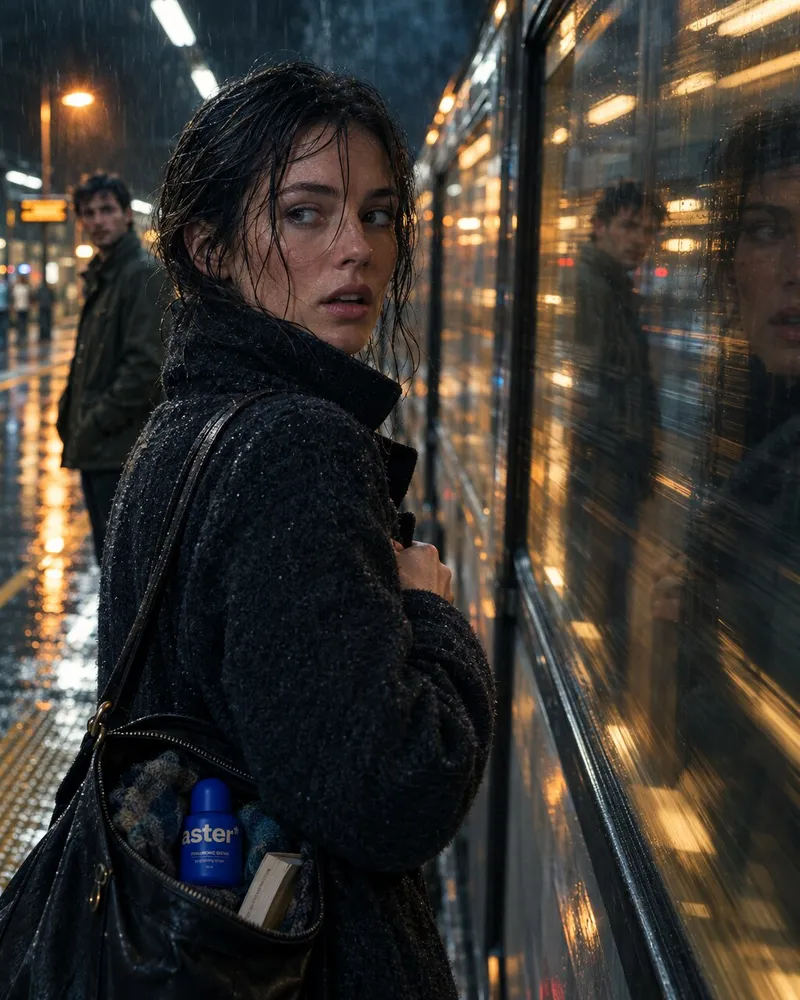 Example artwork for AI Mini-movie: A woman looking back on a rain-soaked night platform, the bottle in her bag