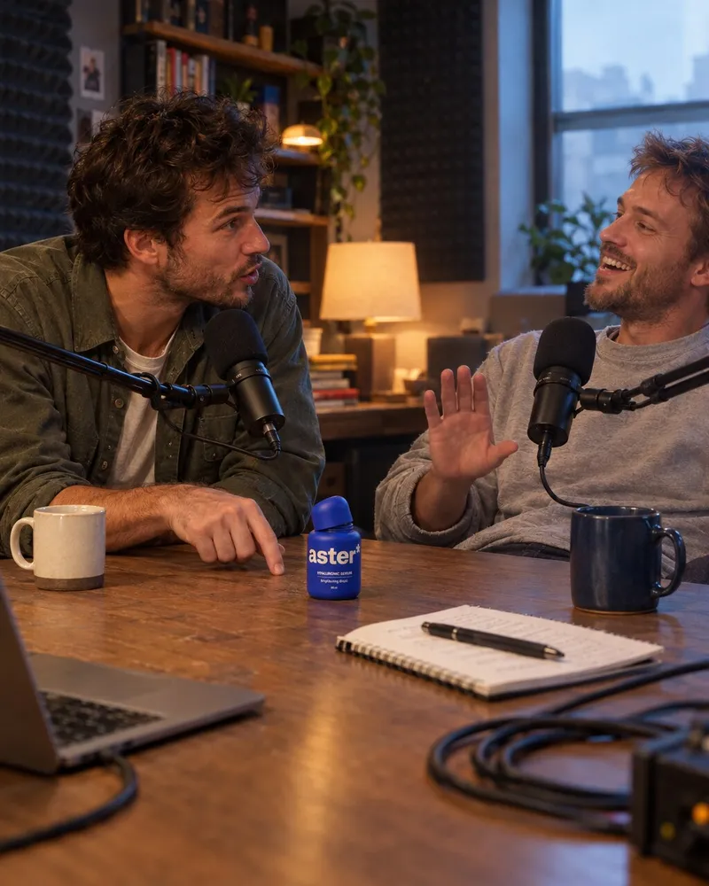 Example artwork for AI Podcast clip: Two podcast hosts at a desk with mics, the bottle on the table