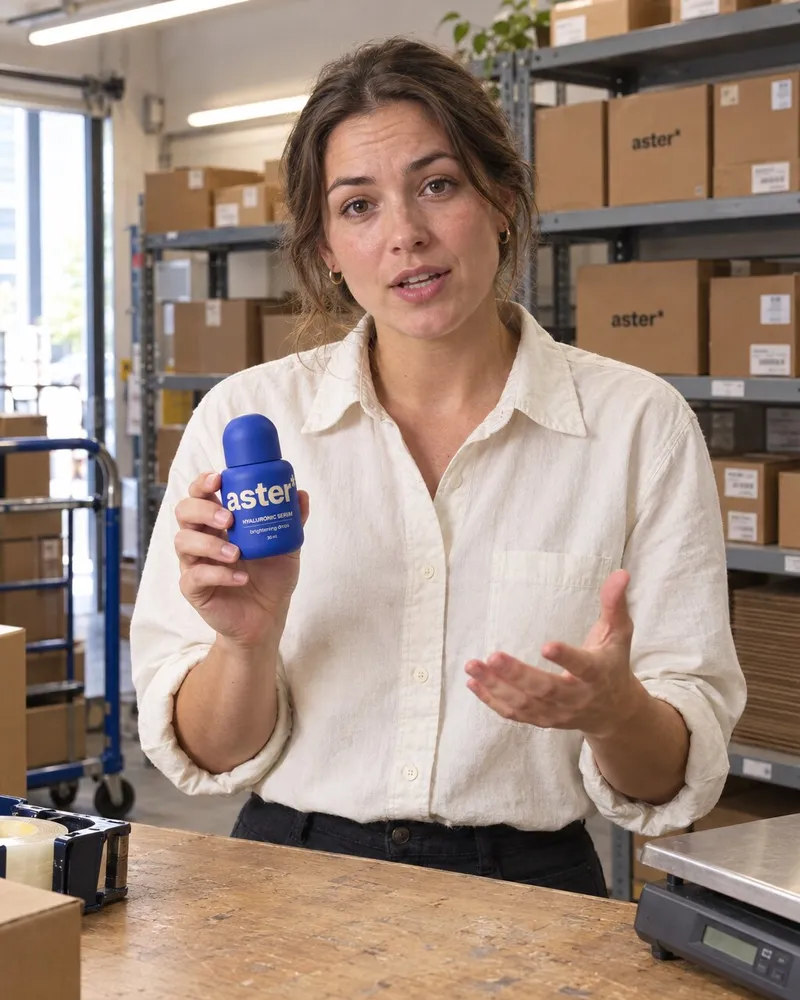 Example artwork for AI Founder-led: A founder in a stockroom talking to camera, holding the bottle