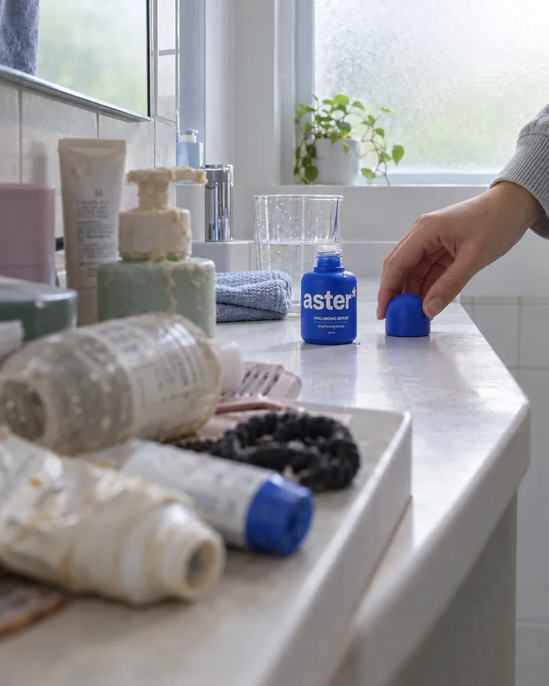 Example artwork for AI Problem and fix: A cluttered bathroom shelf and a hand reaching for the bottle