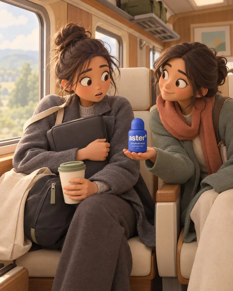 Example artwork for AI Animation ad: Two animated characters on a train, one holding out the bottle
