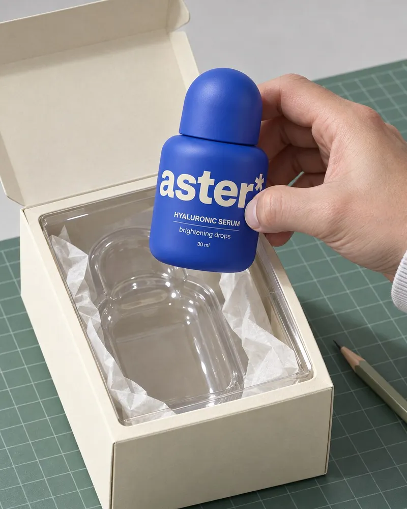Example artwork for AI Collectible reveal: A hand lifting the bottle out of an open collectible box