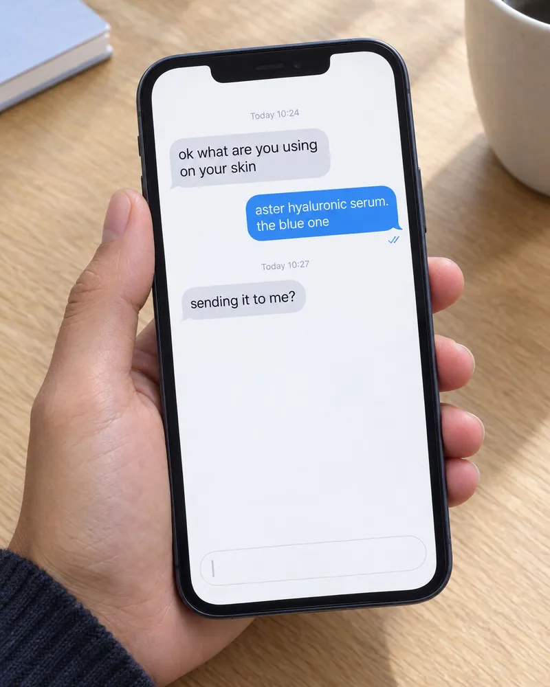 Example artwork for AI Chat screenshot ad: A phone showing a message thread that recommends the serum