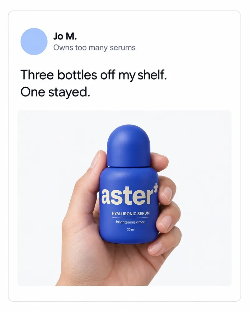 Example artwork for AI Post ad: A post-style graphic: Three bottles off my shelf. One stayed.
