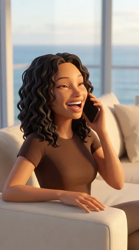 Productivity app ad, square: a character laughing on the phone