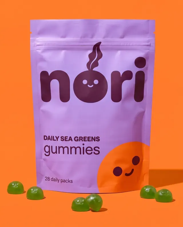 nori ad, portrait: a purple pouch on orange