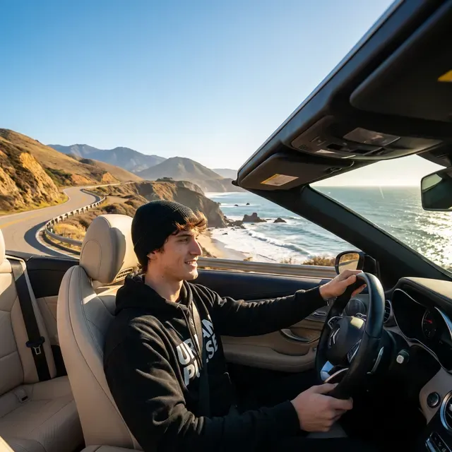Client ad: a man driving a convertible along the coast