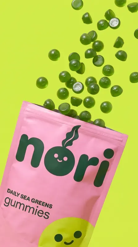 nori ad, square: gummies spilling from the pouch