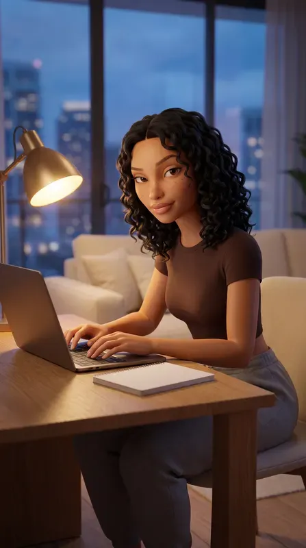 Productivity app ad, portrait: the character working late at a laptop