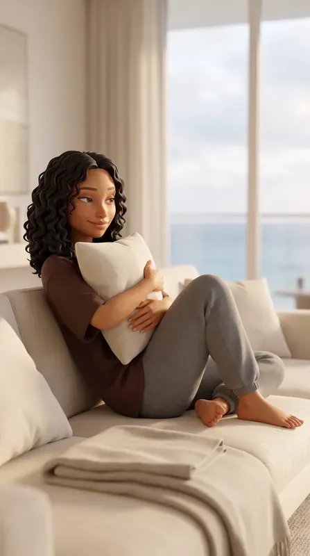 Productivity app ad, story: the character resting on a sofa