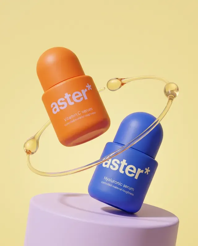 aster* ad, portrait: two serums floating with a gold ring